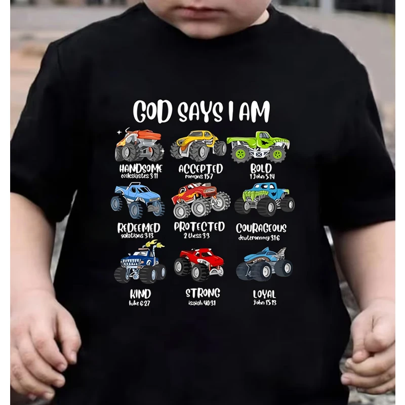 Toddler Boys T Shirt God Says I Am Monster Truck Kids T-Shirt Christian Monster Truck Graphic Tee Boy Christian Faith Tee