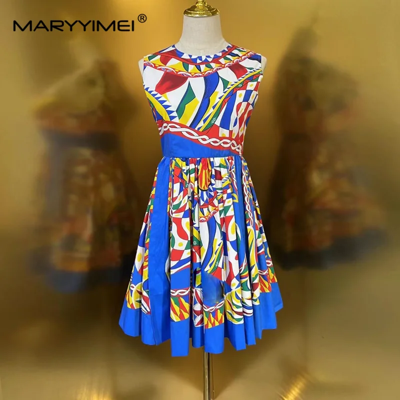 MARYYIMEI Fashion Women Pure cotton dress Sleeveless Sicilian Classic Geometric Print Pure cotton Dresses