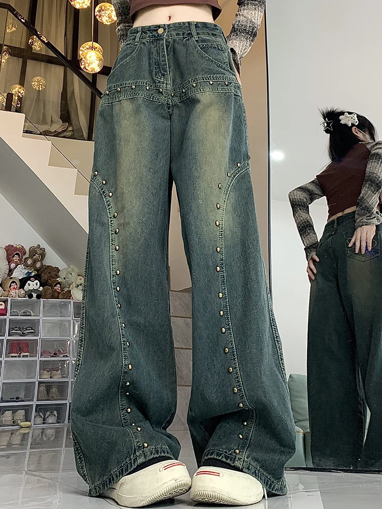 

Female Fashion High Waist Washed Embroidered Flares Wide Leg Jeans Woman Street Wear High Street Oversized Baggy Stacked Pants