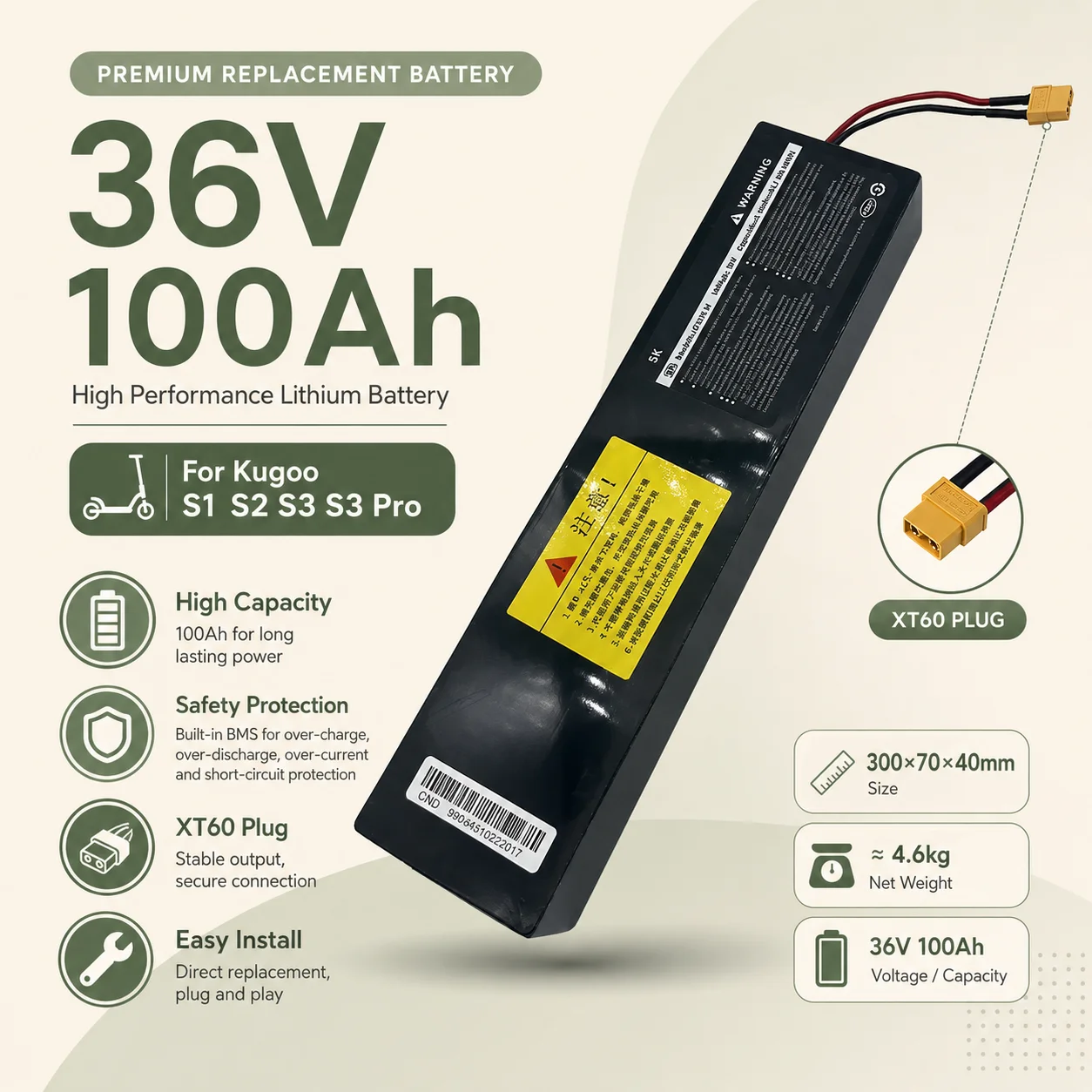 Batterie de remplacement 36V 100000mAh 10S3P Li-ion pour trottinette Kugoo S1 S2 S3, haute capacité 1000W avec protection BMS