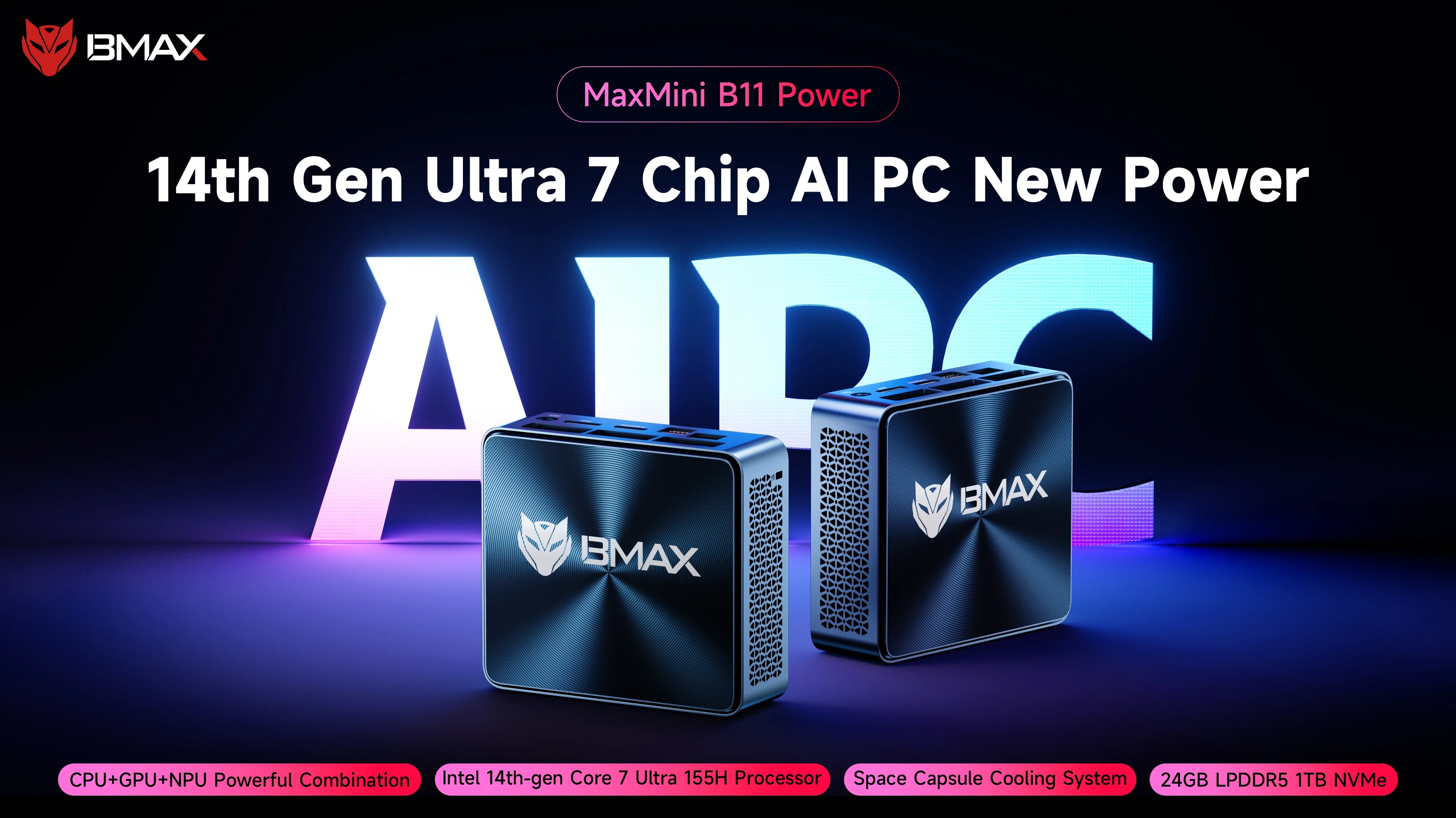Bmax B11 Power Mini Pc Intel Core Ultra 7 155H 24Gb Lpddr5 4400Mhz Ram 1Tb Ssd Windows 11 Pro Wifi 6 Bluetooth 5.2 HDMI Type C