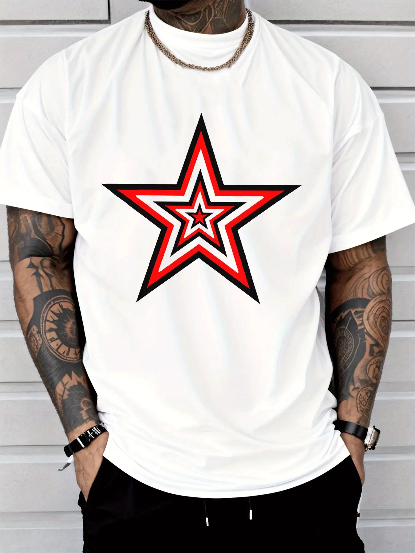 Layered Red Black White Star Pattern Mens Print T Shirt Geometric Art Graphic Tee Casual Short Sleeve Street Style Lover Gift