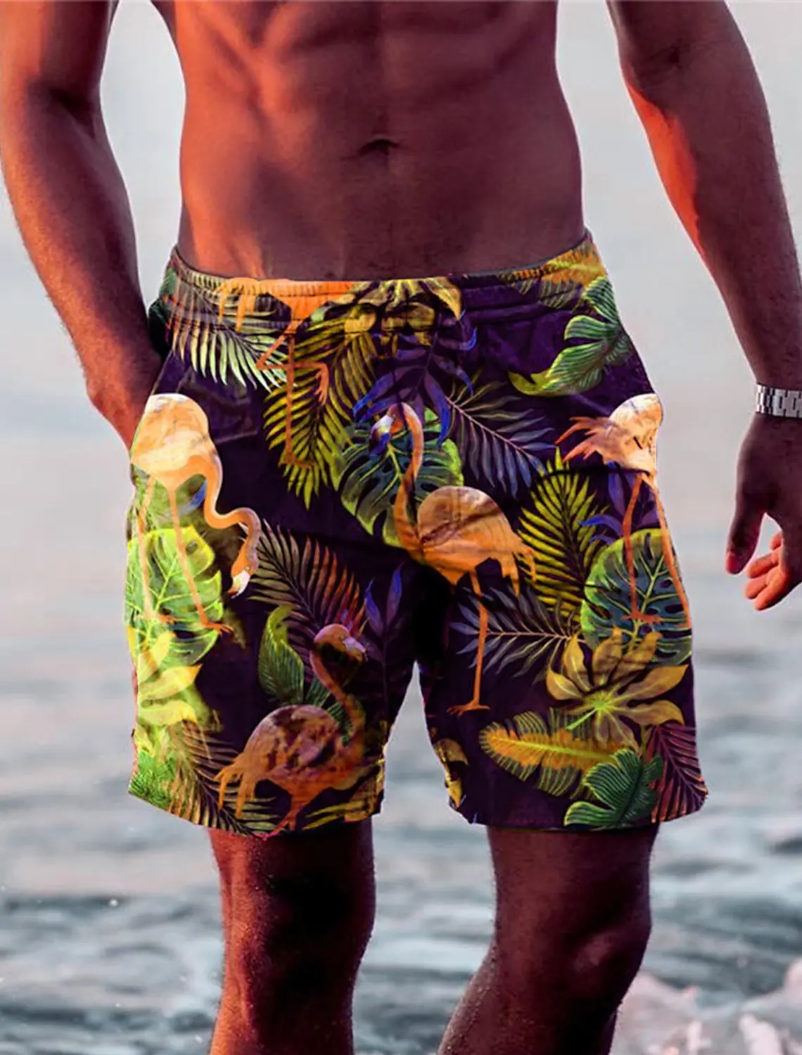 New Men\'s Shorts Swim Trunks Drawstring Leaf Flamingo Graphics Quick Dry Short Casual Holiday Hawaiian Micro-elastic