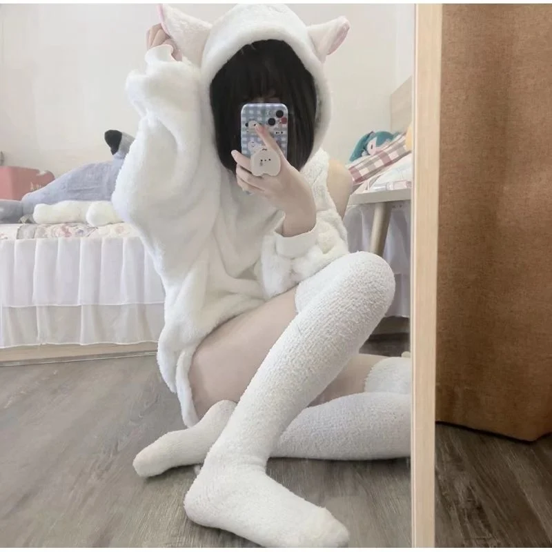 Milky Goat Baa Off the Shoulder Cute Soft Girl Lamb Wool Sweater Sweetheart Hot Cashmere Warm Hooded Jacket Girl Winter