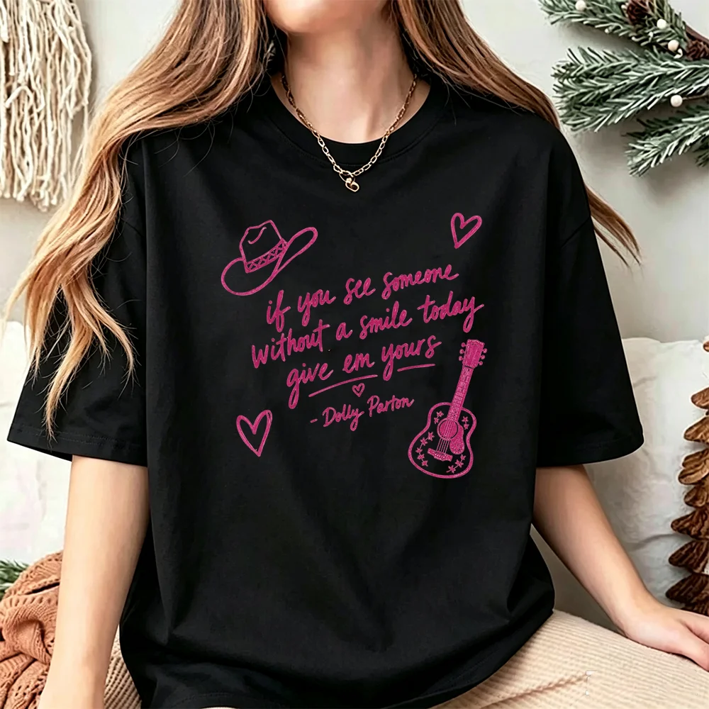 Women Country Music Dolly Parton Quote T Shirt Aesthetic Oversized Short Sleeve Guitar Cowboy Heart Print Summer Tops
