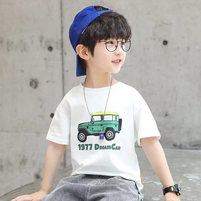 Summer New  Short-sleeved Cartoon Car T-shirt Top Clothing Leisure Loose Round Neck Special Hot Sale Children's Explosive Models