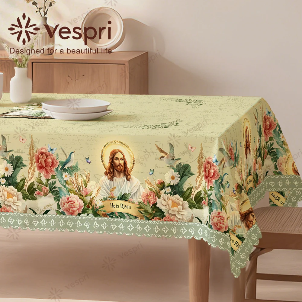 Vespri Oster-Tischdecke mit Weißem Blumen-, Vogel- und Jesus-Muster Rund Rechteckig Oval für Restaurants Partys Feste