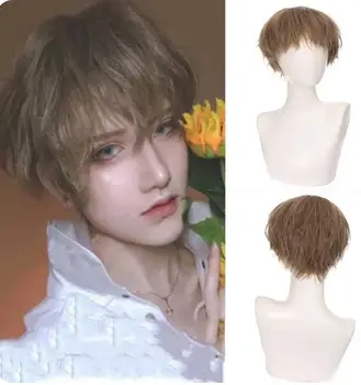 วิกผมสังเคราะห์ผมหยิกเป็นของปลอมมีหน้าม้าผมปลอมสีน้ำตาลสั้นสำหรับผู้ชายสำหรับเด็กผู้ชายชุดคอสเพลย์ผู้หญิงวิกฮาโลวีน