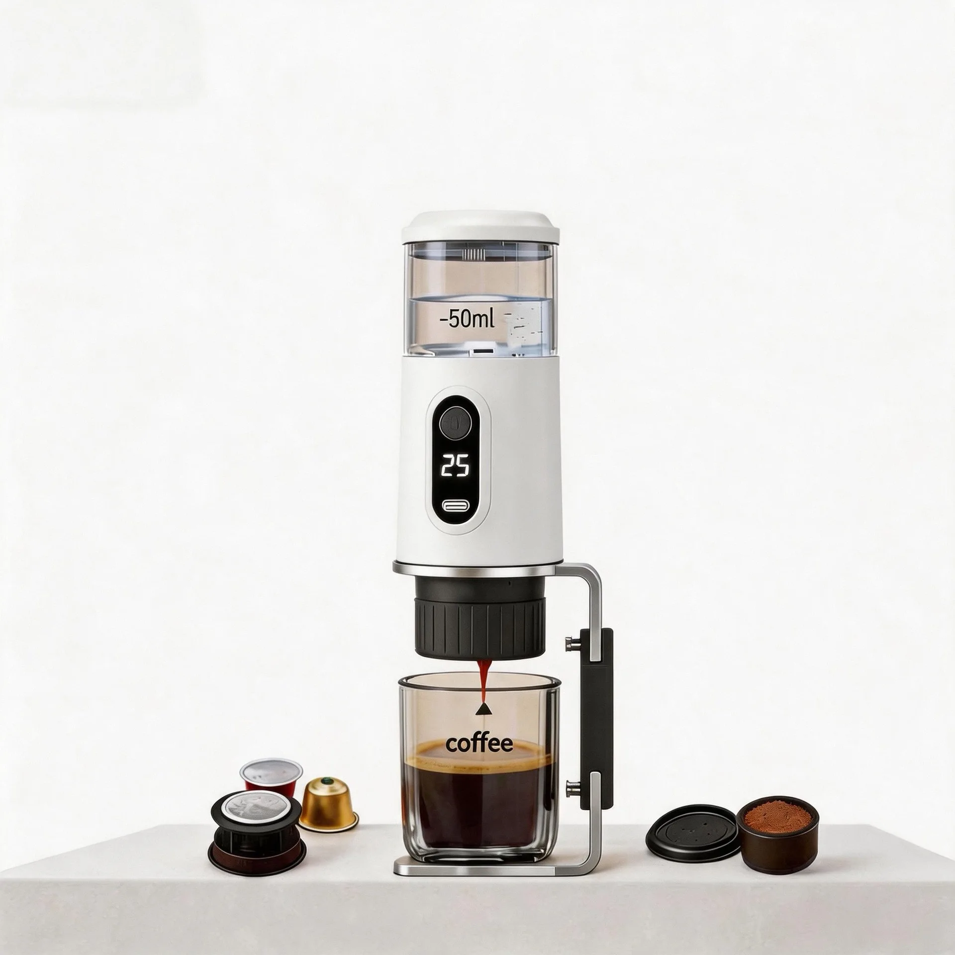 Wireless and coffee powder integrated coffee machine, rechargeable portable outdoor coffee