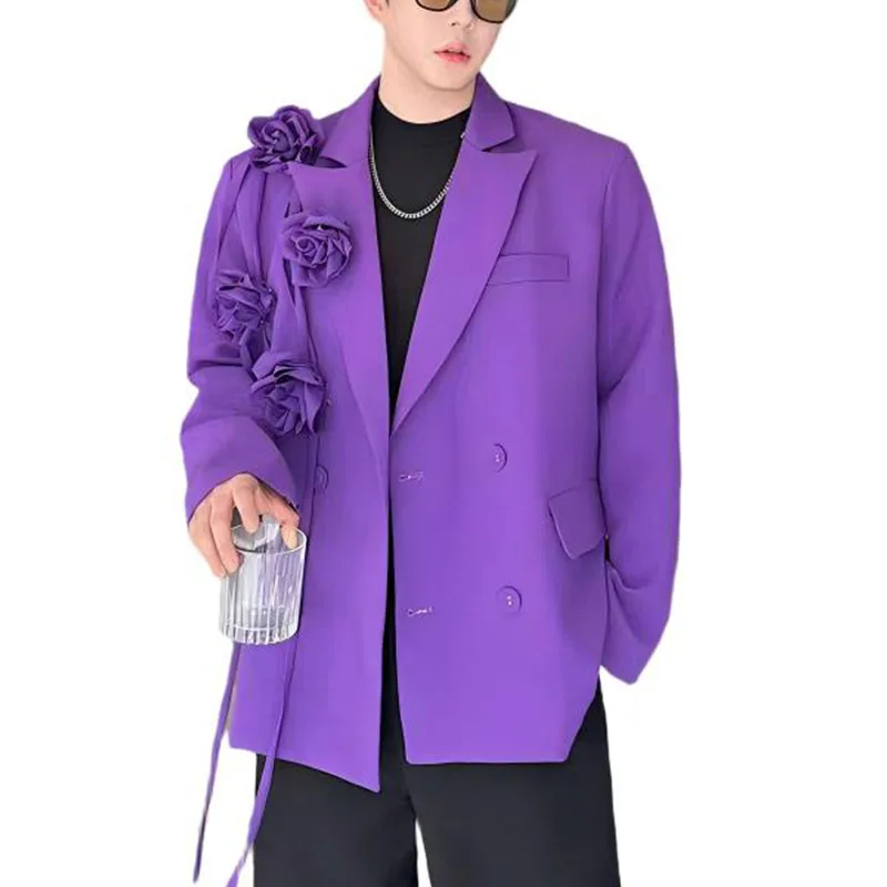 

Men Detachable Flowers Purple Suit Jacket Loose Casual Blazers Designer Retro Spring Autumn Fashion