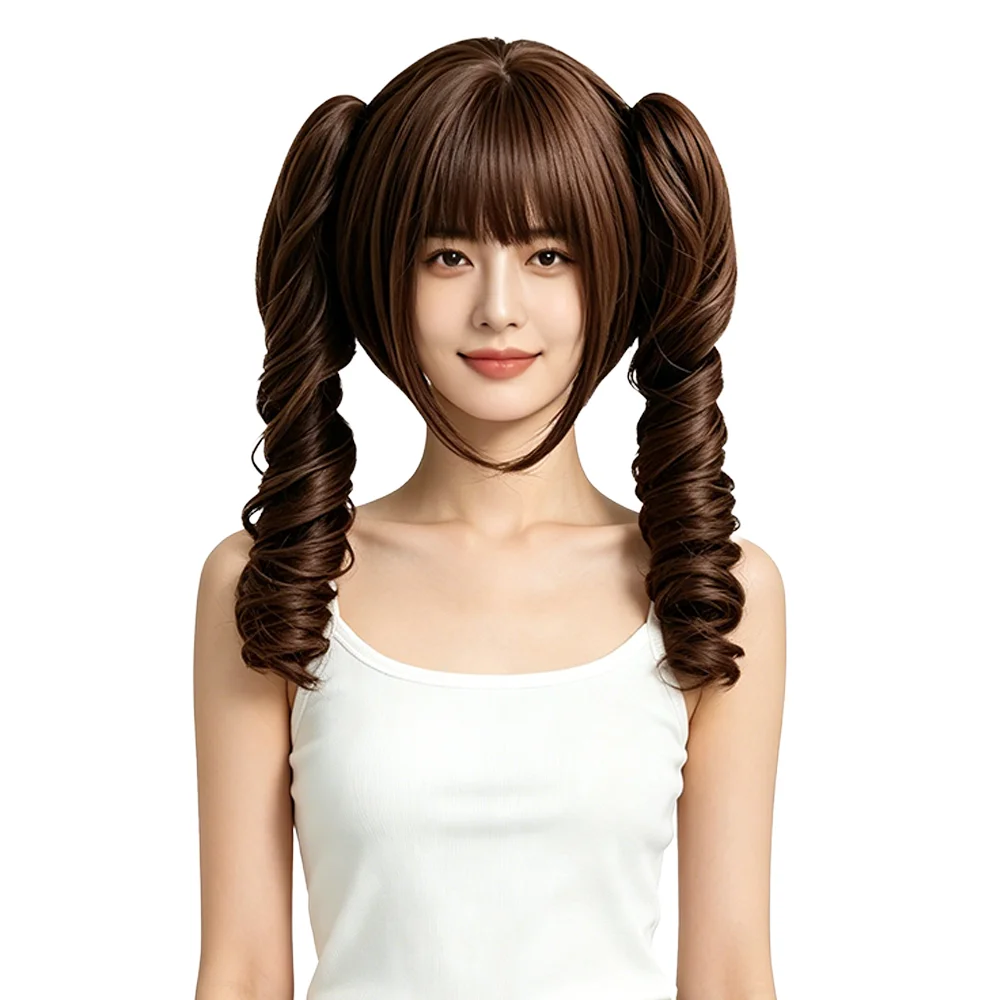 

Sweet Lolita Dark Brown Protein Silk Wig with Removable Curly Twin Tails Air Bangs Short Bob Wig For Anime Cosplay Daily Use