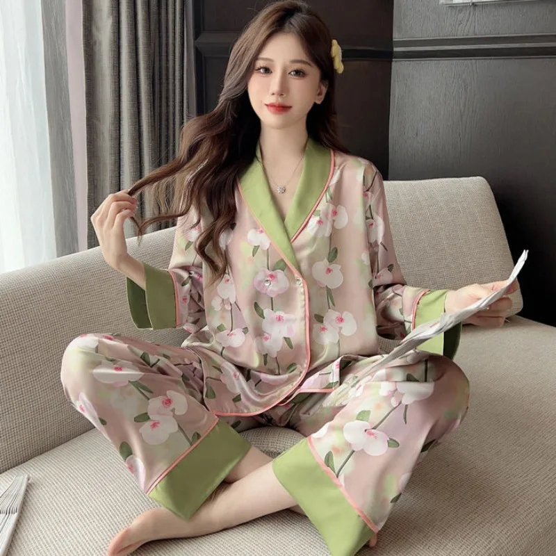 2024 New Spring Autumn Women Pajamas Female Thin Artificial Silk Long-Sleeved Trousers Homewear Suit Casual Cardigan Sleepwear