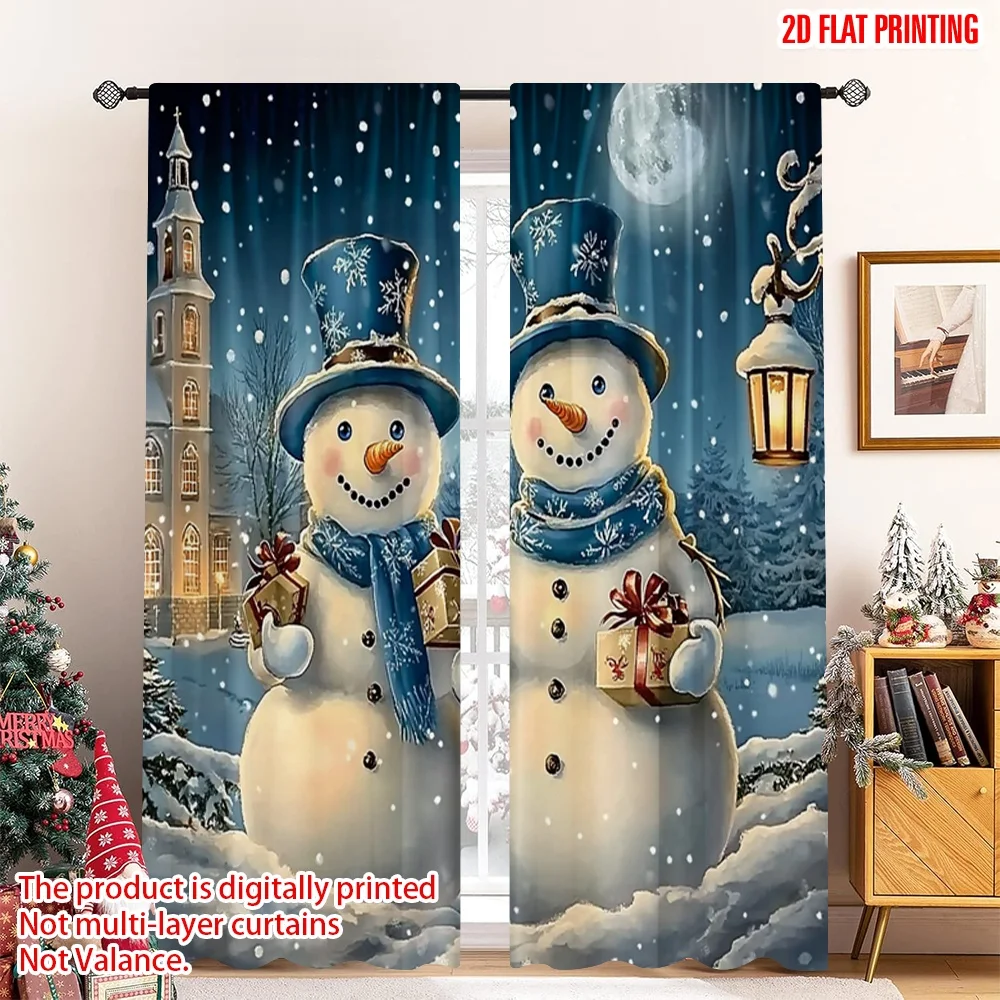 

2pcs 2D flat printing Merry Christmas Window Drapes Winter Wonderland Snowmen Scene 100% Polyester Without Electricity Birthday