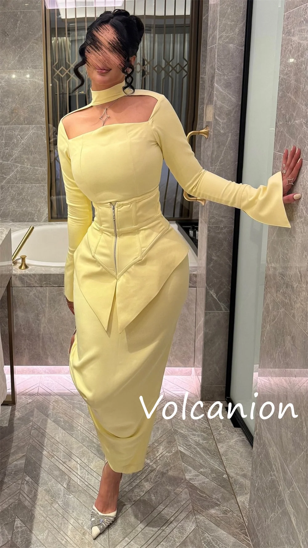 تخصيص النمط الصيني جيرسي الطية مستقيم الياقة العالية فساتين متوسطة الطول مناسبة مخصصة رعوية رائعة