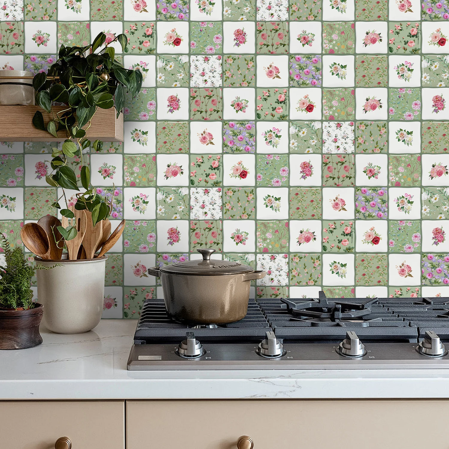 20pcs 3D PVC Retro Watercolor Floral Glossy Square Wall Stickers, 15.25*15.25cm