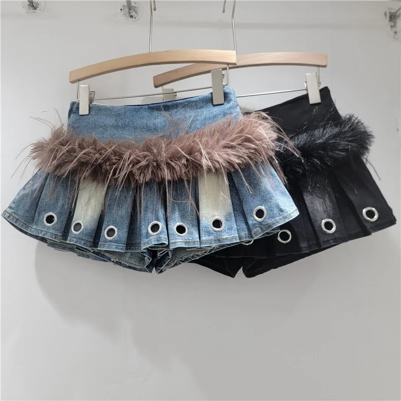 Unique Patchwork Furry Denim Short Skirt for Women, Fashionable 2025 Autumn Winter Versatile Slimming Style, Pleated Mini Skirt