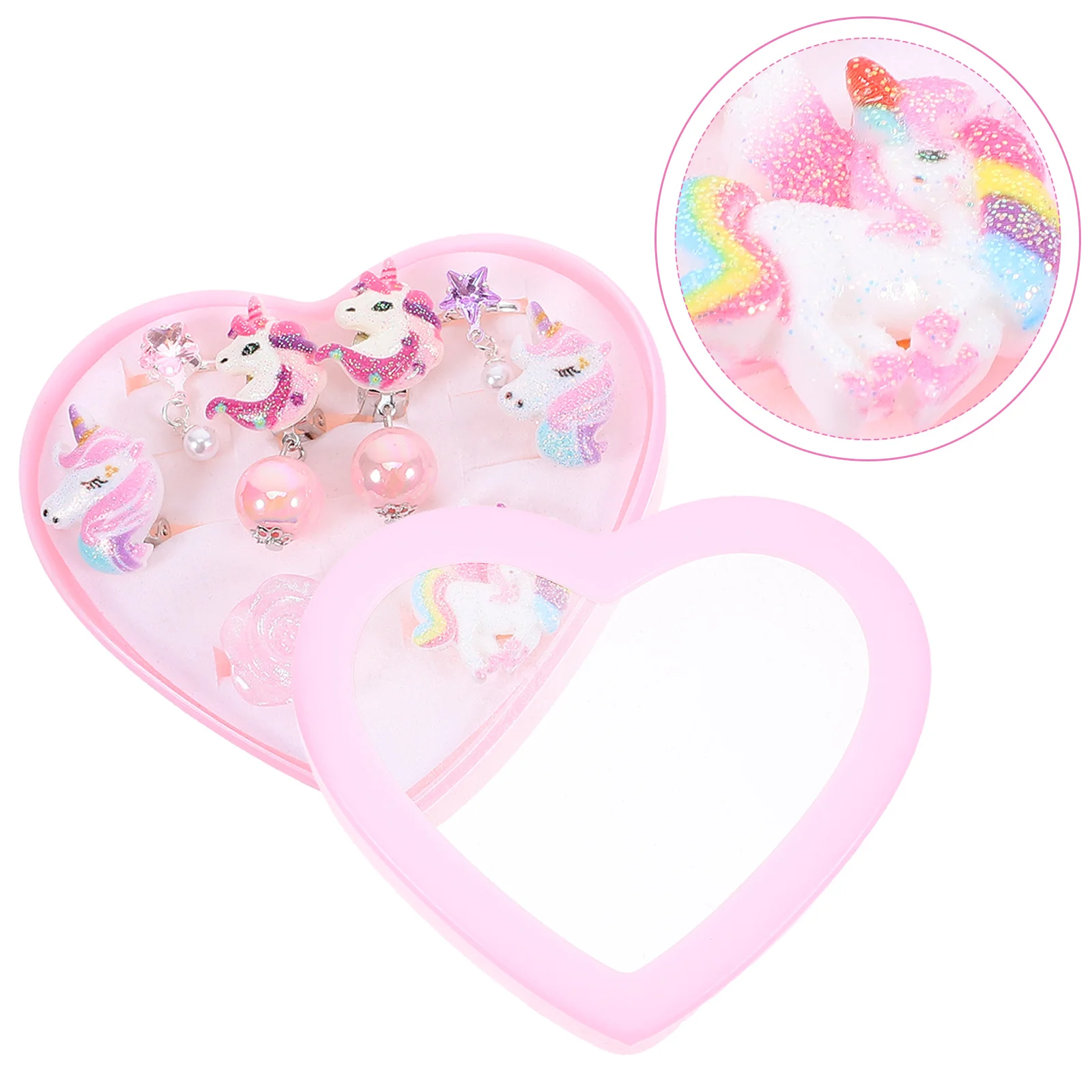 1 صندوق كارتون يونيكورن كليب للفتيات جميل لا مثقوب الأذن مجوهرات الاطفال احتفالي حفلة اللعب مجموعة شكل قلب صندوق خفيف الوزن