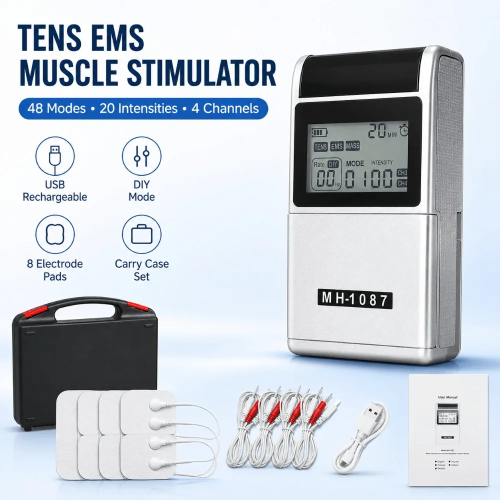 EMS muscle stimulator, TENS stimulator, 4 channels, 48 modes, rechargeable digital massager,suitable for back, neck, shoulders