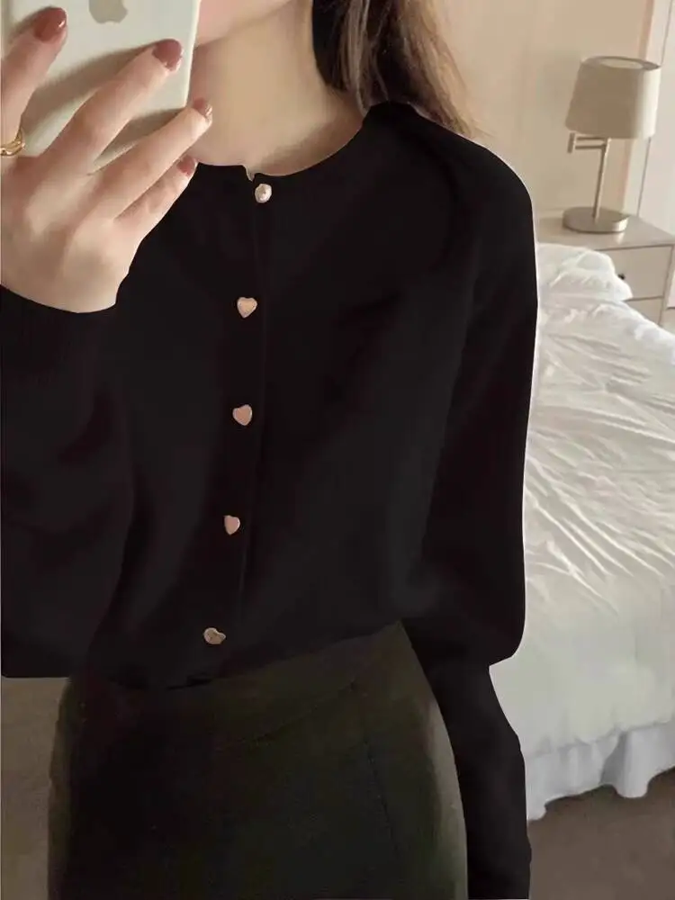 

Solid Color Knitted for Women Cardigan Korean Single Breasted Long Sleeve Jumper Woman Round Neck All Match Cardigans Outwear