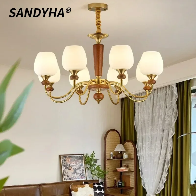 

SANDYHA Retro Chandelier Wood Glass Pendant Light LED Hanging Lamp For Bedroom Living Room Dining Table Home Decoration Lighting