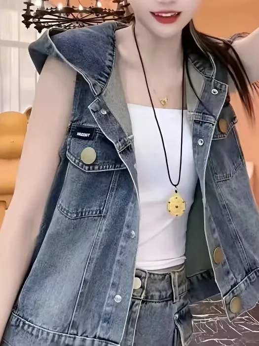 

Faionable Bal Denim Jaet Women's Summer New Korean Version Hooded Vest Trendy oulder Pad Jaet Coat Casual Wear