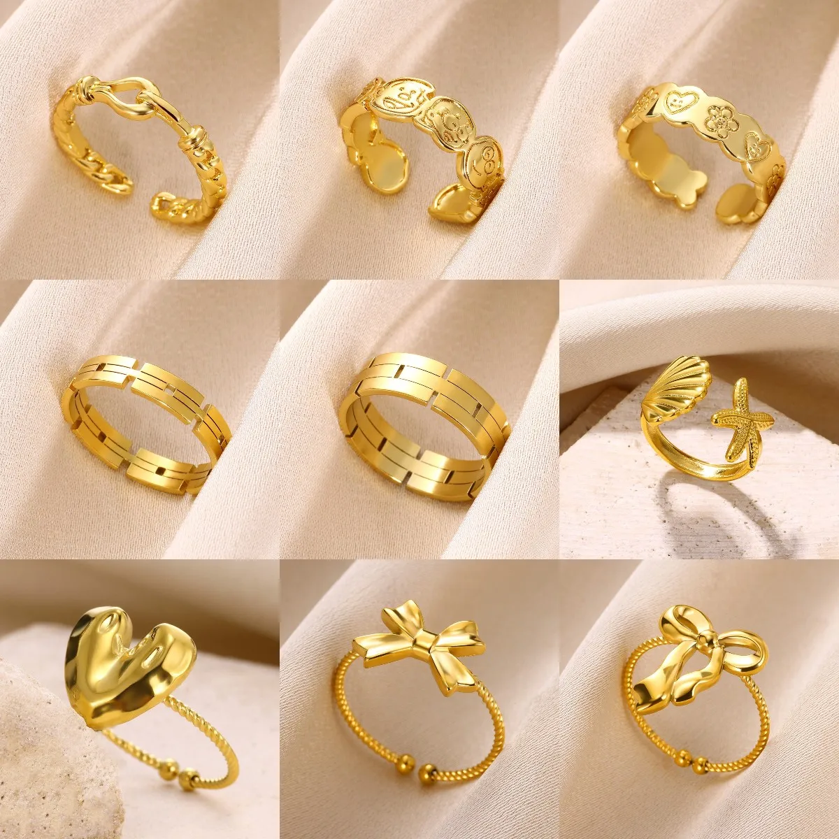 الذهب اللون الفولاذ المقاوم للصدأ نمط خواتم للنساء الكلاسيكية القوس القلب خواتم مفتوحة خمر مجوهرات الحفلات شحن مجاني