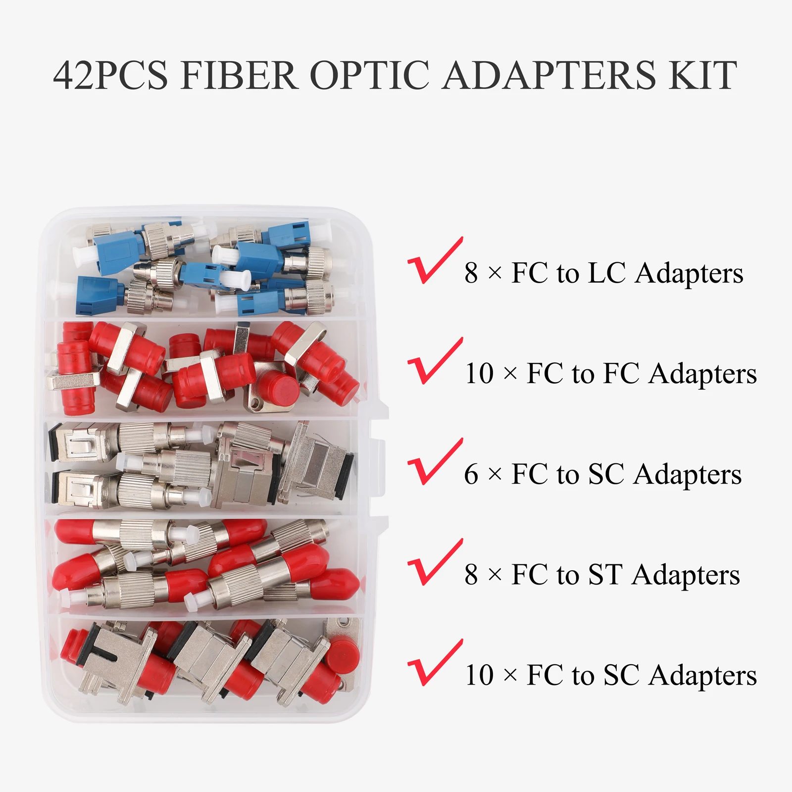 42PCS Fiber Optic Coupler Kit, Fiber Adapter Kit for FC to SC/FC/LC/ST, Converter Connector forr Fiber Conversion