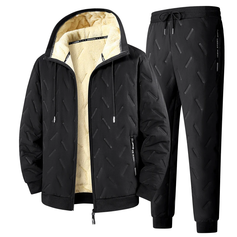 Men's Winter Lamb Fleece Lined Tracksuit Set 2 Piece Quilted Hooded Coat Thermal Jogger Pants Warm Casual Outdoor Daily Wear