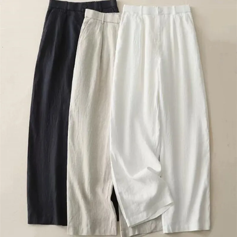 Women Summer Thin Trousers Korean Fashion High Waist Linen Loose Pants Straight All-match Casual Pants Office Lady Suit Pants