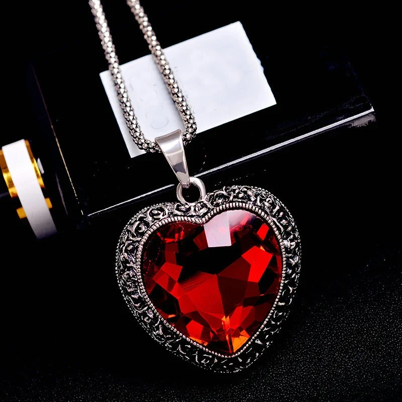 Fashion Women Lady Red Big Rhinestone Crystal Square Pendant Long Chain Tassel Sweater Necklace Party Drop Necklace Jewelry