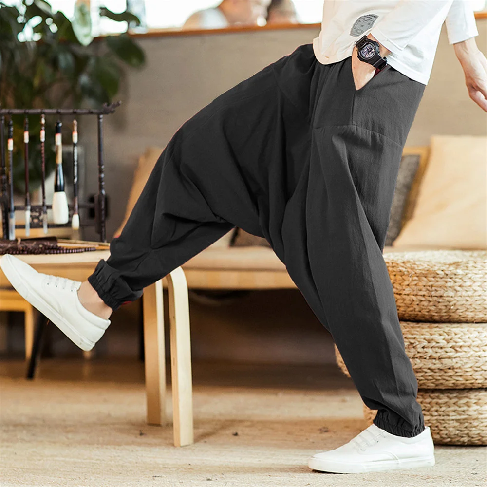 الرجال القطن والكتان السراويل سراويلي حريمي فضفاض عادية كبيرة الحجم فضفاض ركض بنطال ذو قصة أرجل واسعة اليوغا قطرة المنشعب بنطلون الهيب هوب