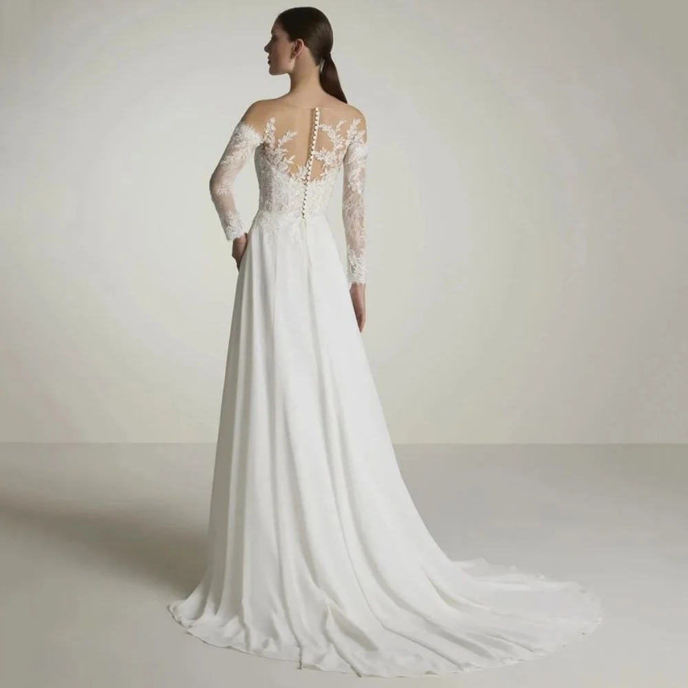 Elegante personalizado vestidos de casamento uma linha mangas compridas vestido de noiva apliques botão vestidos de noiva novia