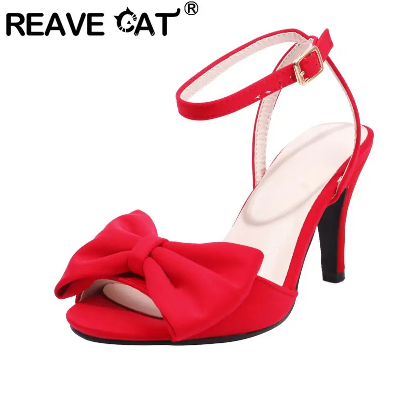 

REAVE CAT 2025 Sexy Women Sandals Peep Toe Thin Heels 9cm Buckle Strap Butterfly Knot Plus Size 46 47 48 Fashion Dating Shoes