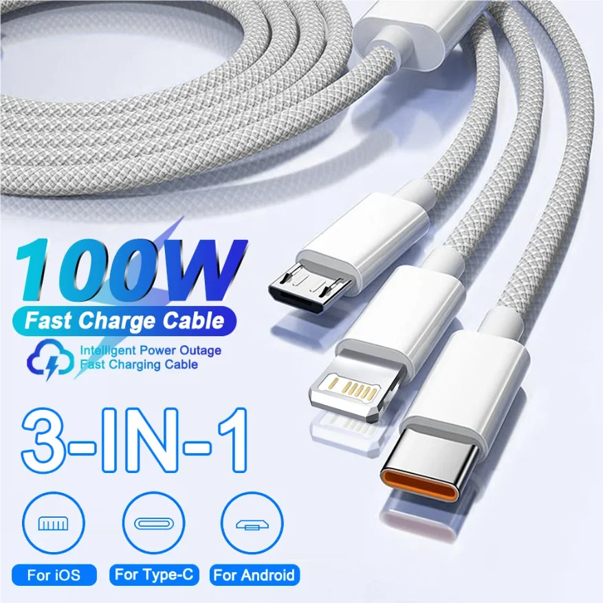 

3IN1 100W 6A Car Fast Charging USB Cable For iPhone 14 13 12 11 15 17 16 Pro Max Samsung Xiaomi PD Cable Tablet Type C Data Cord