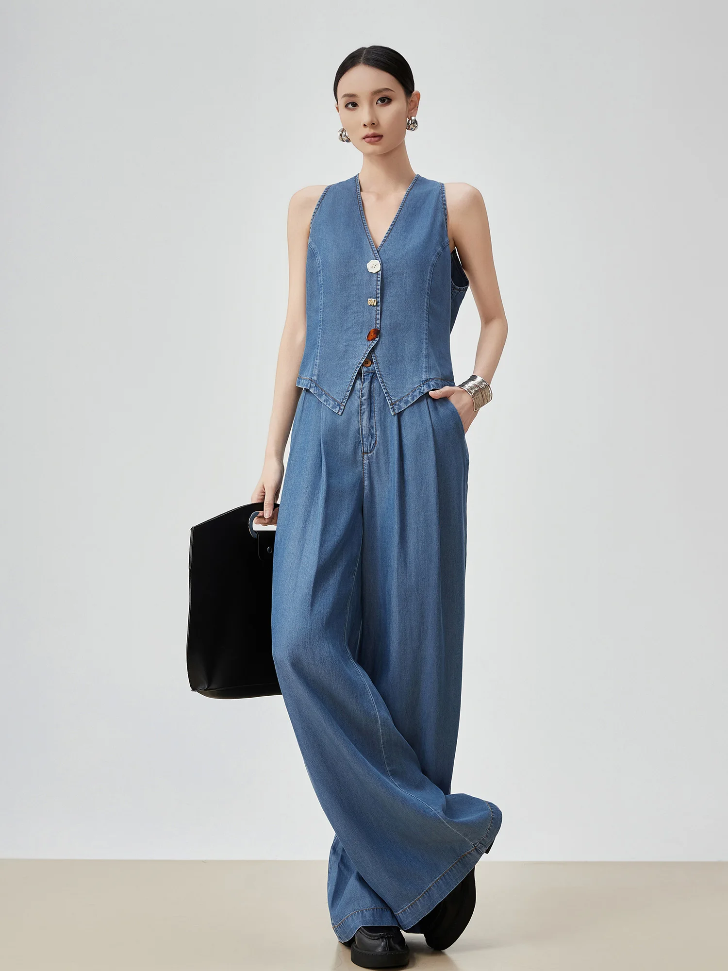 

Blue Vintage V-Neck Denim Vest Women's Design Slimming Sleeveless Jacket High Waist Wide Leg Pants Two-Piece Set Fashionable ...