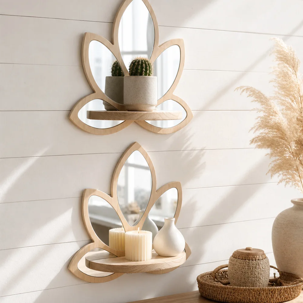 Vintage Lotus Flower Wooden Wall Mirror Floating Display Shelf Boho Floral Wall Mount Mirror Shelf for Bedroom Living Room Decor