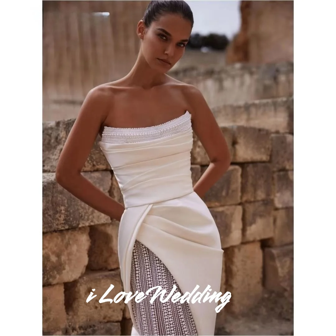 

White Strapless Evening Dress 2025 Satin Sleeveless Pearl Mermaid Side Split Floor-Length Pleated Wedding Party Dress Customized