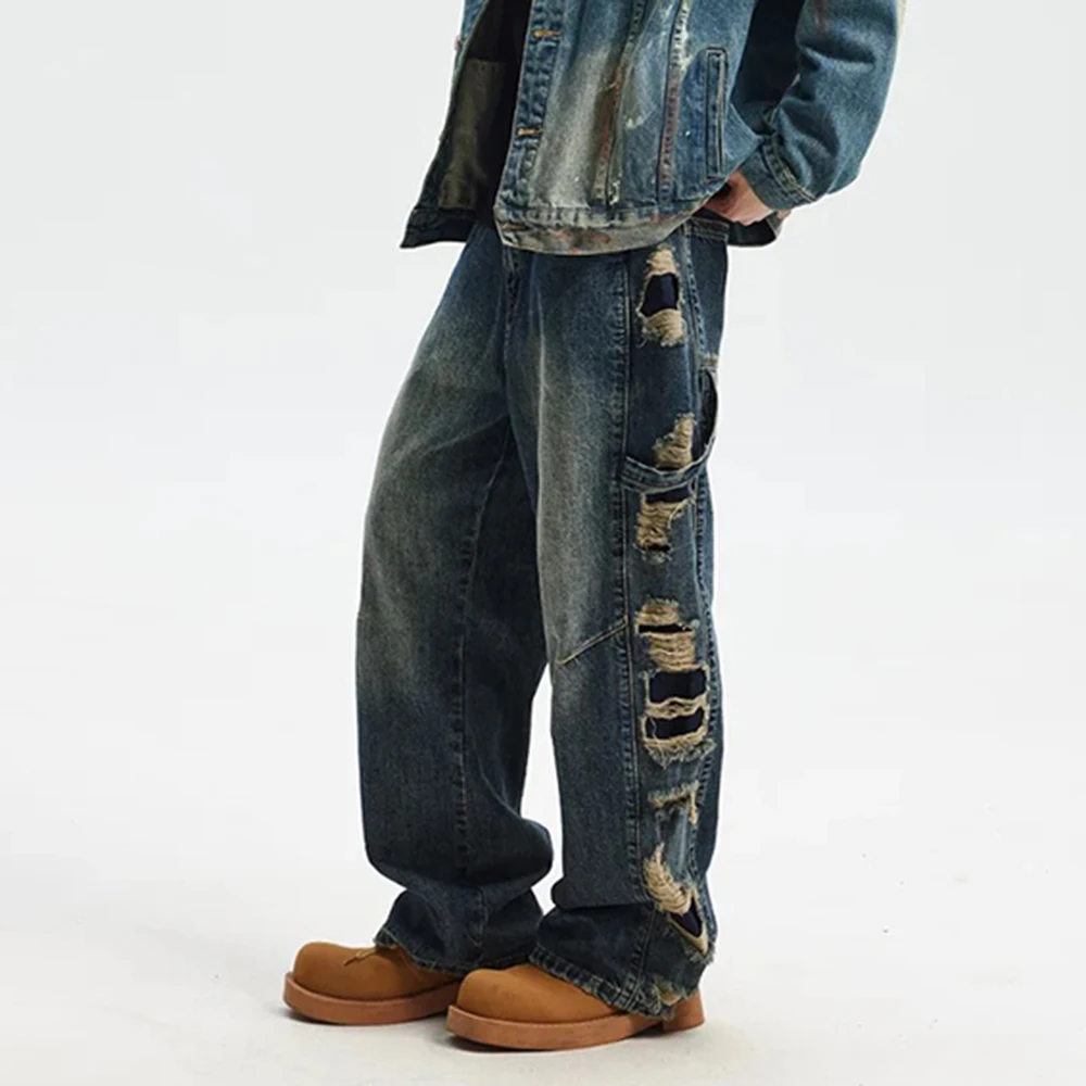 Beide Side Hole Ripped Casual Bootcut Männer und Frauen Streetwear Washed Blue Jeans Hosen Distressed Casual Denim Hosen Übergröße