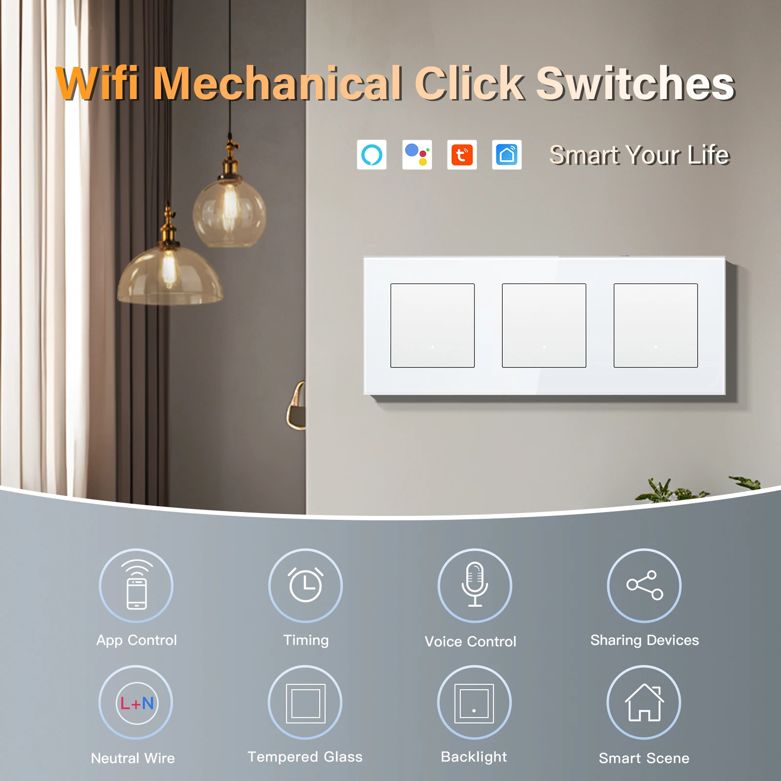 BSEED WIFI Switches Series 1/2/3/4Gang Wall Smart Click Light Switches Yellow Backlight Glass Frame Tuya APP Switch EU Standard