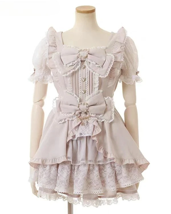 

2025 NEW Square Neck Short-sleeved Slim-fit Dress Japanese Cute Girl Sweet Bow Lace Ruffle Edge Dresses and Base Skirt
