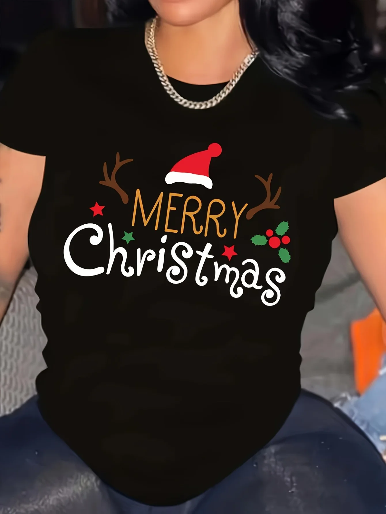 

Christmas Reindeer Antlers Santa Hat "MERRY Christmas" Print Black Loose Women's Holiday Casual Top Christmas Vibe Outfit Trend