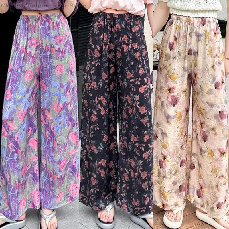 

Summer Pajama Pants Women Cotton Sleeping Bottoms Printed Wide Leg Sleep Trousers Cotton Elastic Waist Casual Sleepwear Homewear