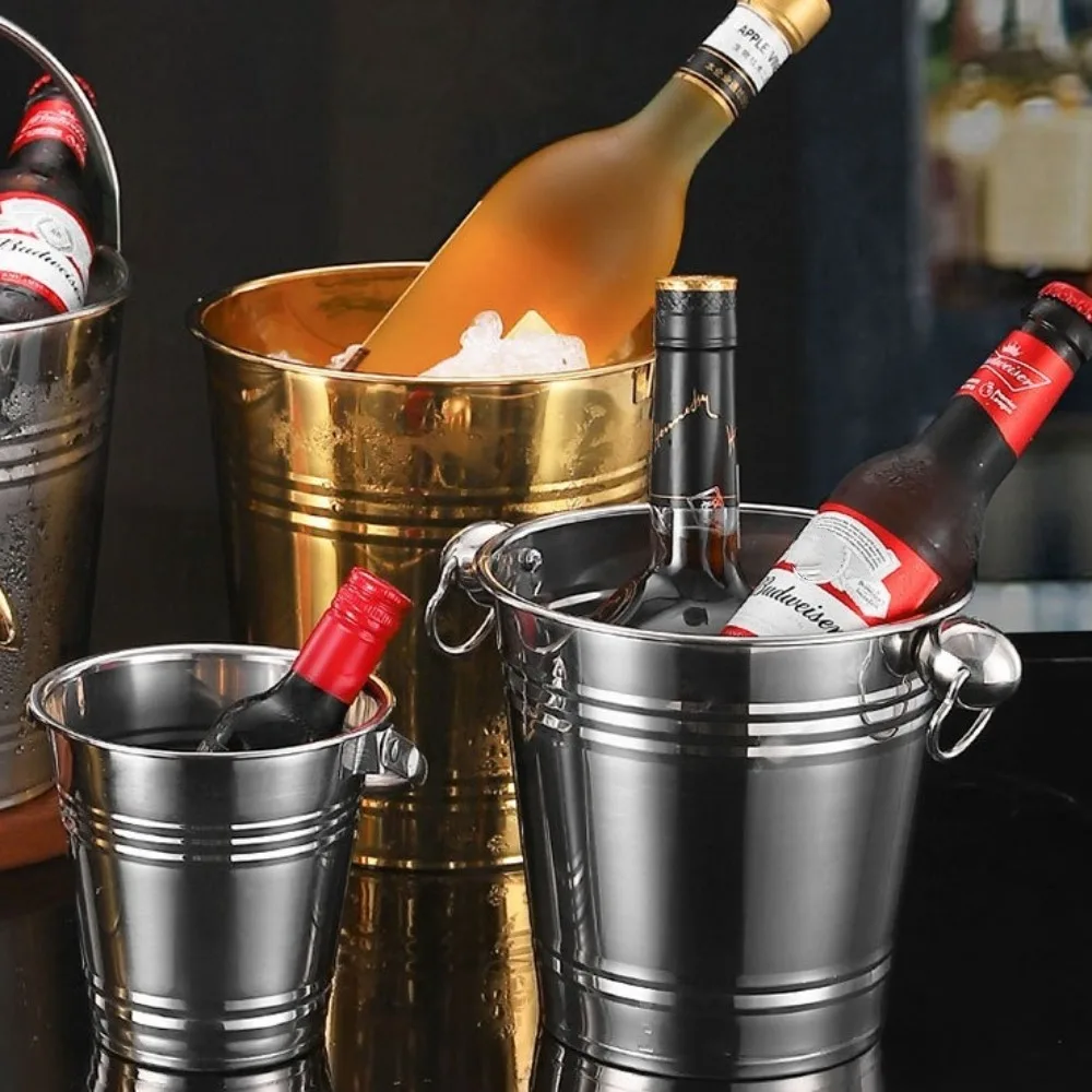 Multifunctional Stainless Steel Ice Bucket Thickened Round Champagne Bucket Portable with Handles Mini Metal Buckets Restaurant 4