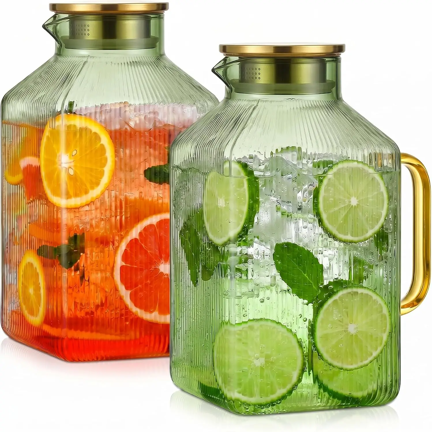 2 Pack 1 Gallon Glass Pitcher with Lid, Square Thickened Ribbed Green Glass Water Carafe with Spout and Airtight Seal, Hot/Cold Brew Pitcher for Fridge, Iced Tea, Coffee, Juice