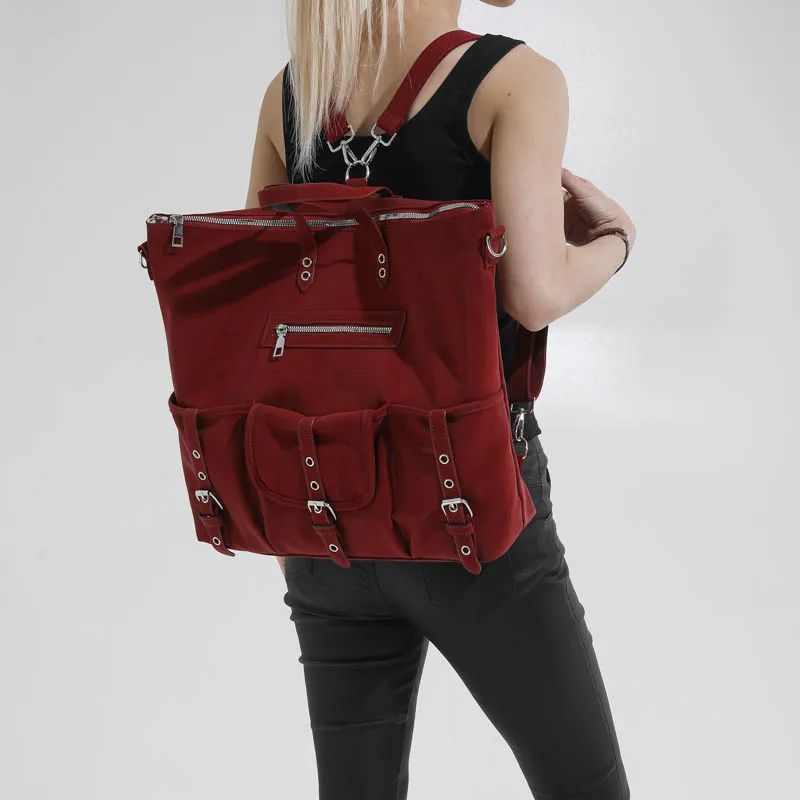 Women's Y2K Multi Pocket Backpacks Solid Color Faux Leather Buckle Design Shoulder Bags Large Capacity Crossbody Travel Tote Bag