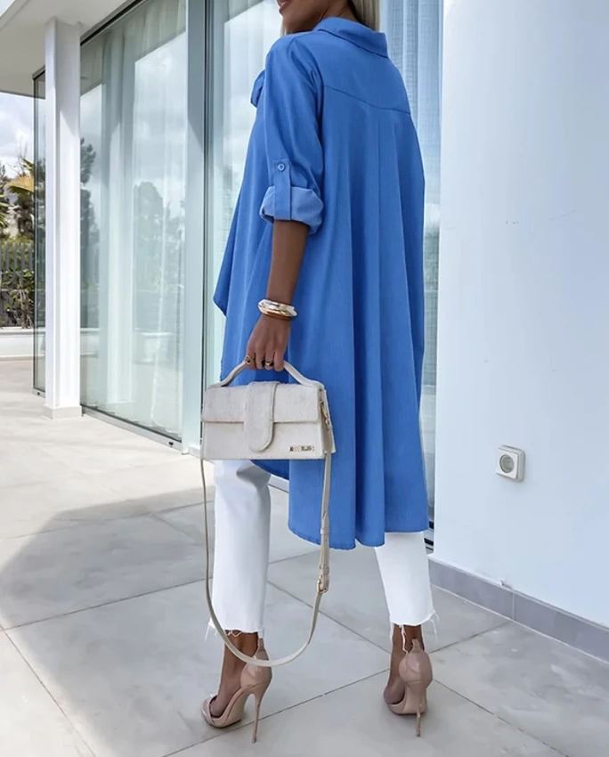 2024 Summer New Blue Women's Shirt with Rose Details Roll Sleeves, Asymmetric Hem Design Top with Short Front and Long Back