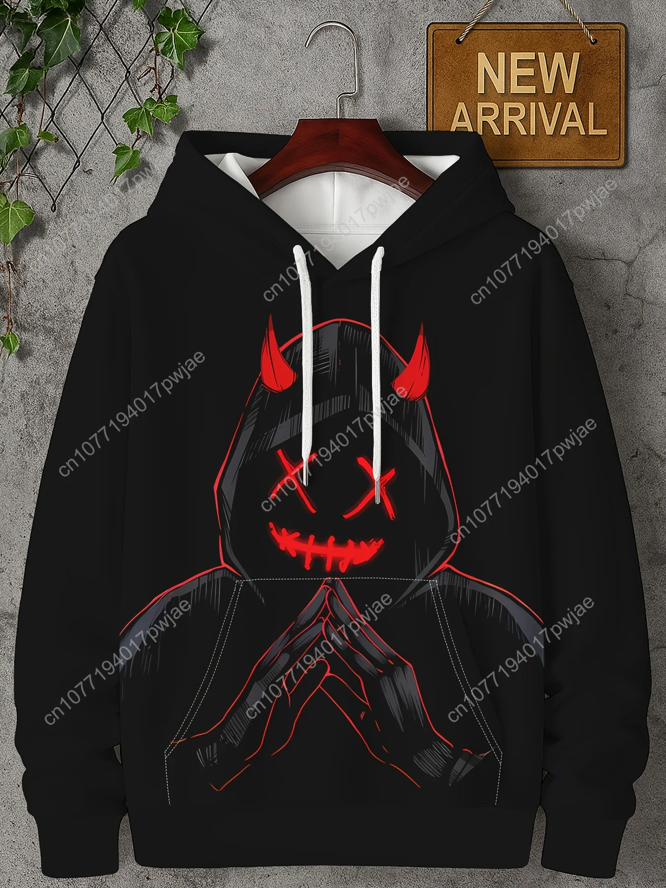 Sudadera con capucha con gráfico de diablo 3D para hombre con cordón y bolsillo canguro - Estampado rojo y blanco nervioso, jersey de manga larga de ajuste regular para F