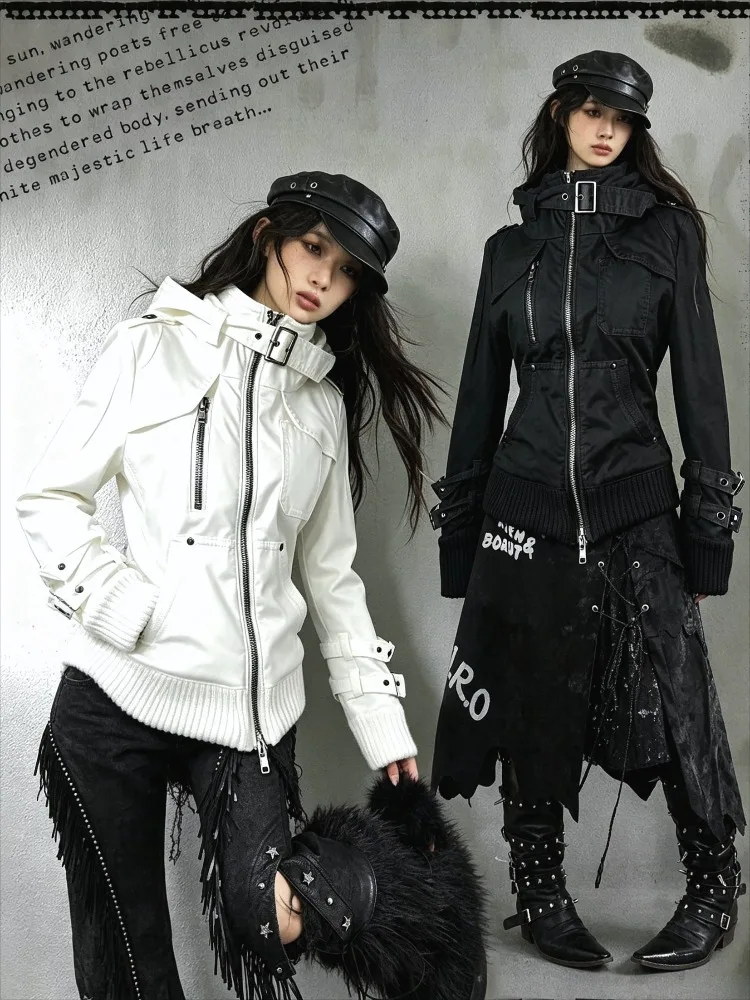Harajuku Vintage 90s Stand Collar Button Hooded Sweatshirt Streetwear Grunge Aesthetic Jacket Y2K Casual Outerwear Daily Outfit