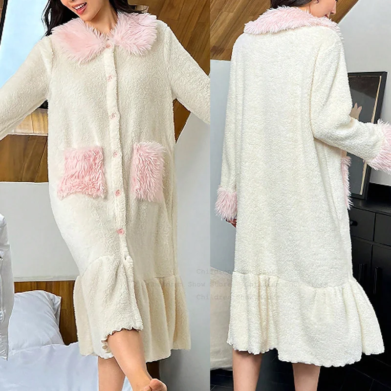 

Princess Style Nightgown Robe Women Warm Flannel Button Down Kimono Bathrobe Intimate Lingerie Pajamas Sleepwear Nightwear