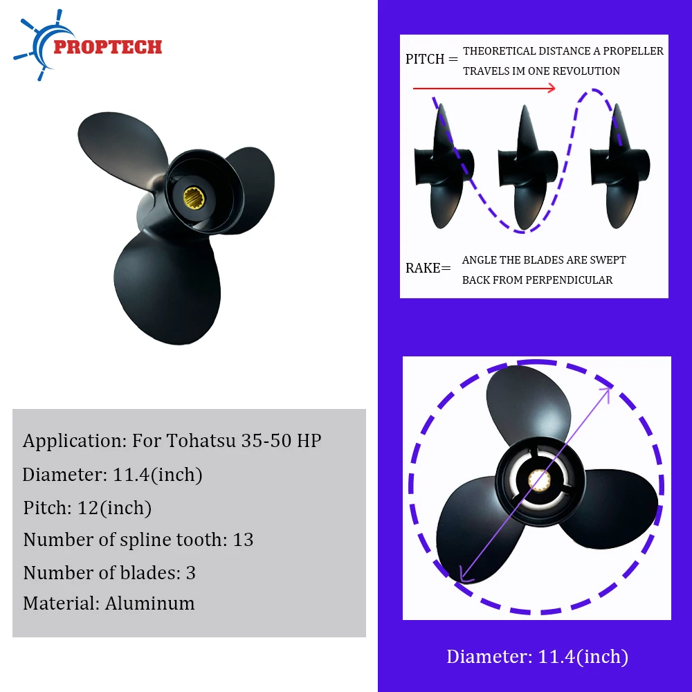 Marine Propeller For Tohatsu 35hp 40hp 50hp 11.4*12 Outboard Aluminum Alloy Screw 3 Blade 13 Spline Engine Part